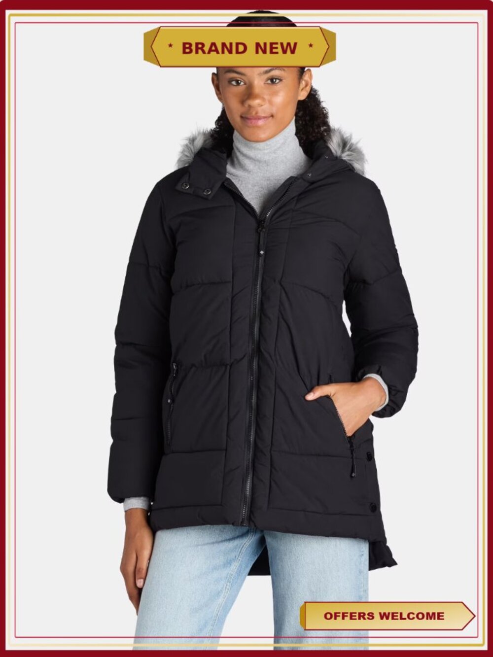 Wide Quilted Puffer Coat with Faux Fur Trim Hood